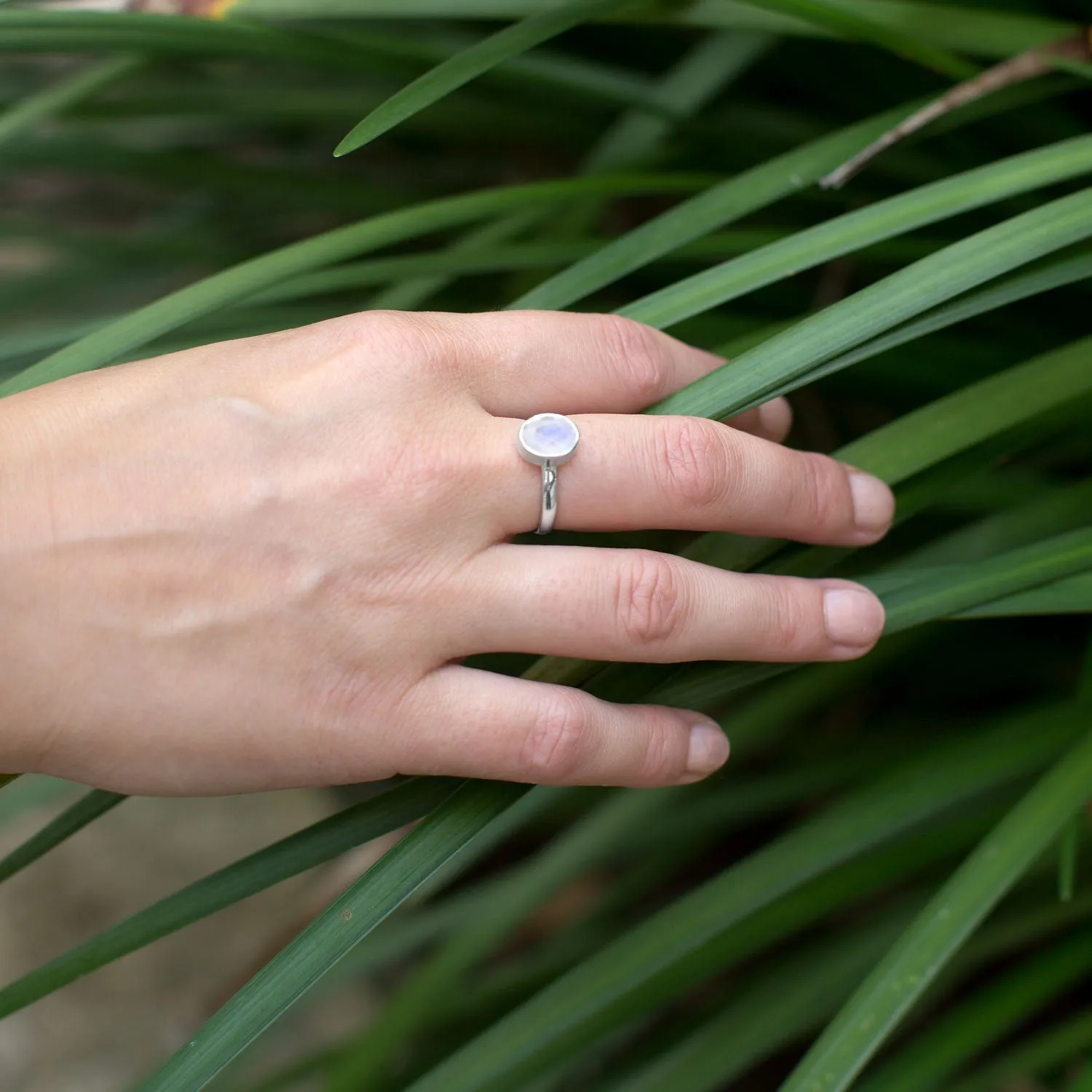 Sterling Silver Rainbow Moonstone Stackable Bezel Oval Ring