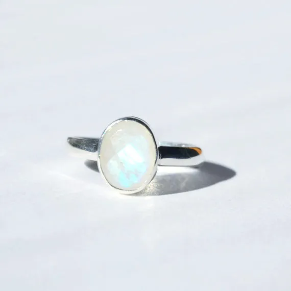 Sterling Silver Rainbow Moonstone Stackable Bezel Oval Ring