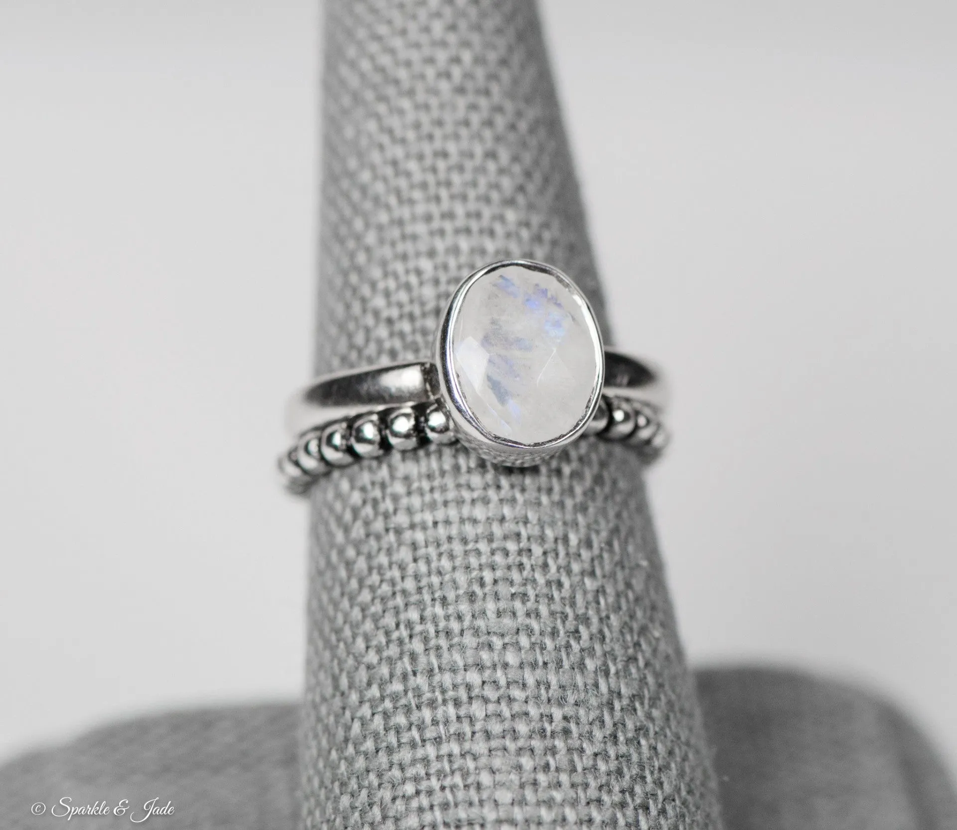 Sterling Silver Rainbow Moonstone Stackable Bezel Oval Ring