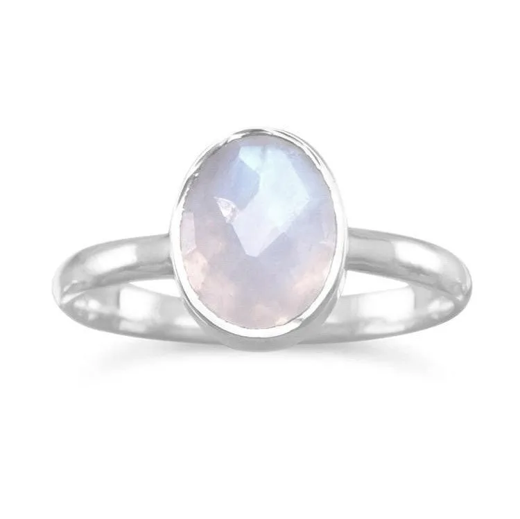 Sterling Silver Rainbow Moonstone Stackable Bezel Oval Ring