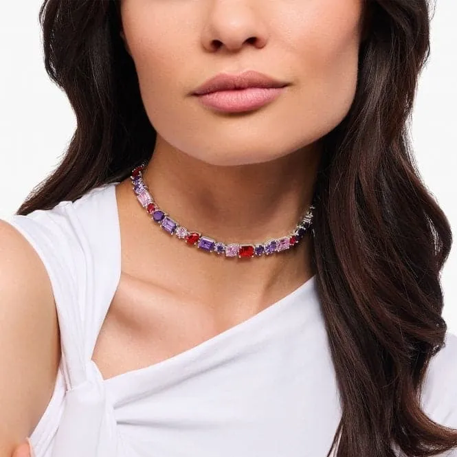 Sterling Silver Red Violet And Pink Zirconia Stones Choker Necklace KE2196-477-7-L42V