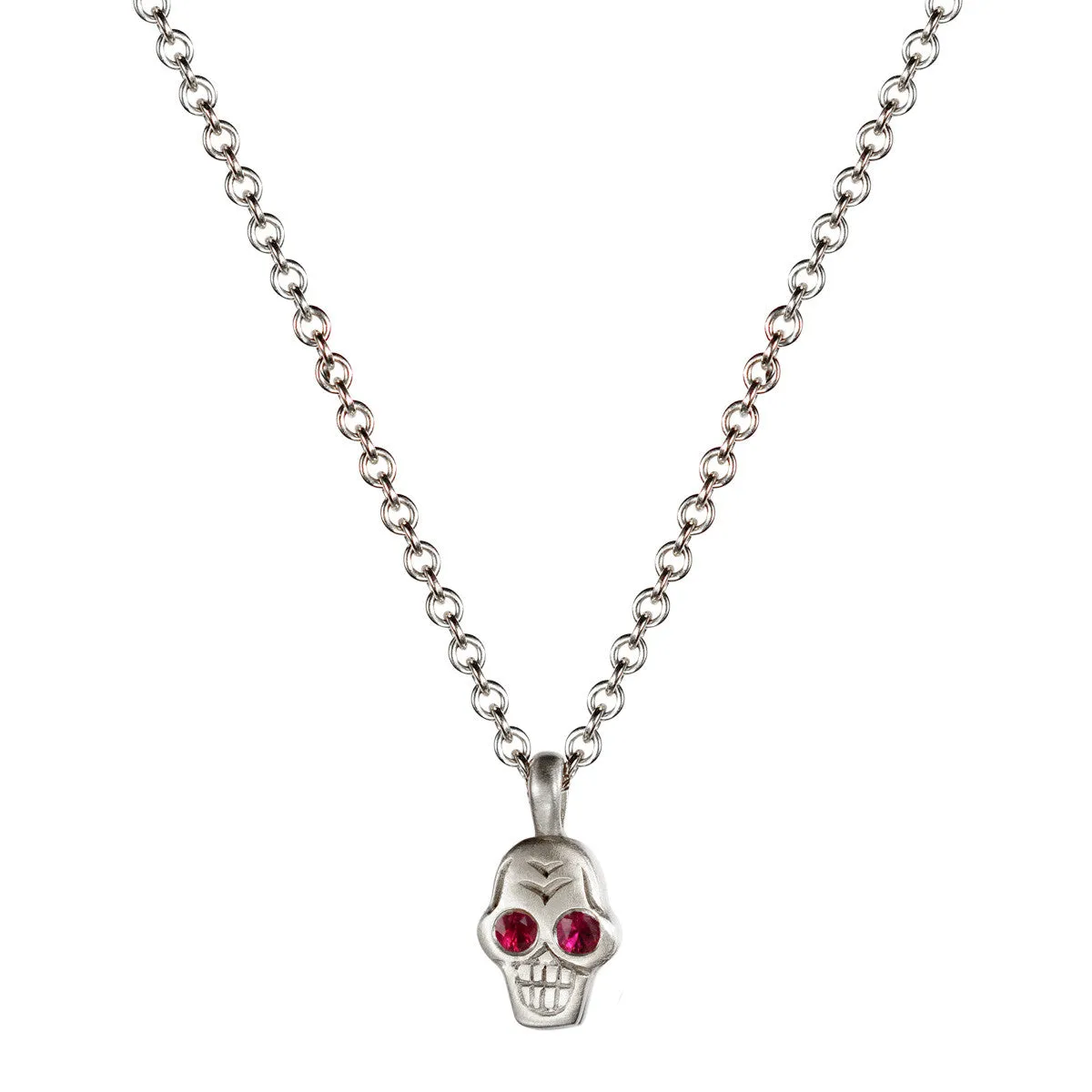 Sterling Silver Tiny Skull Pendant with Ruby Eyes