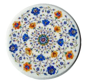 StonKraft Marble Coffee Corner Side Table Top with Pietre Dura Artwork Inlay Work Blue   Orange (15" Inches Diameter)