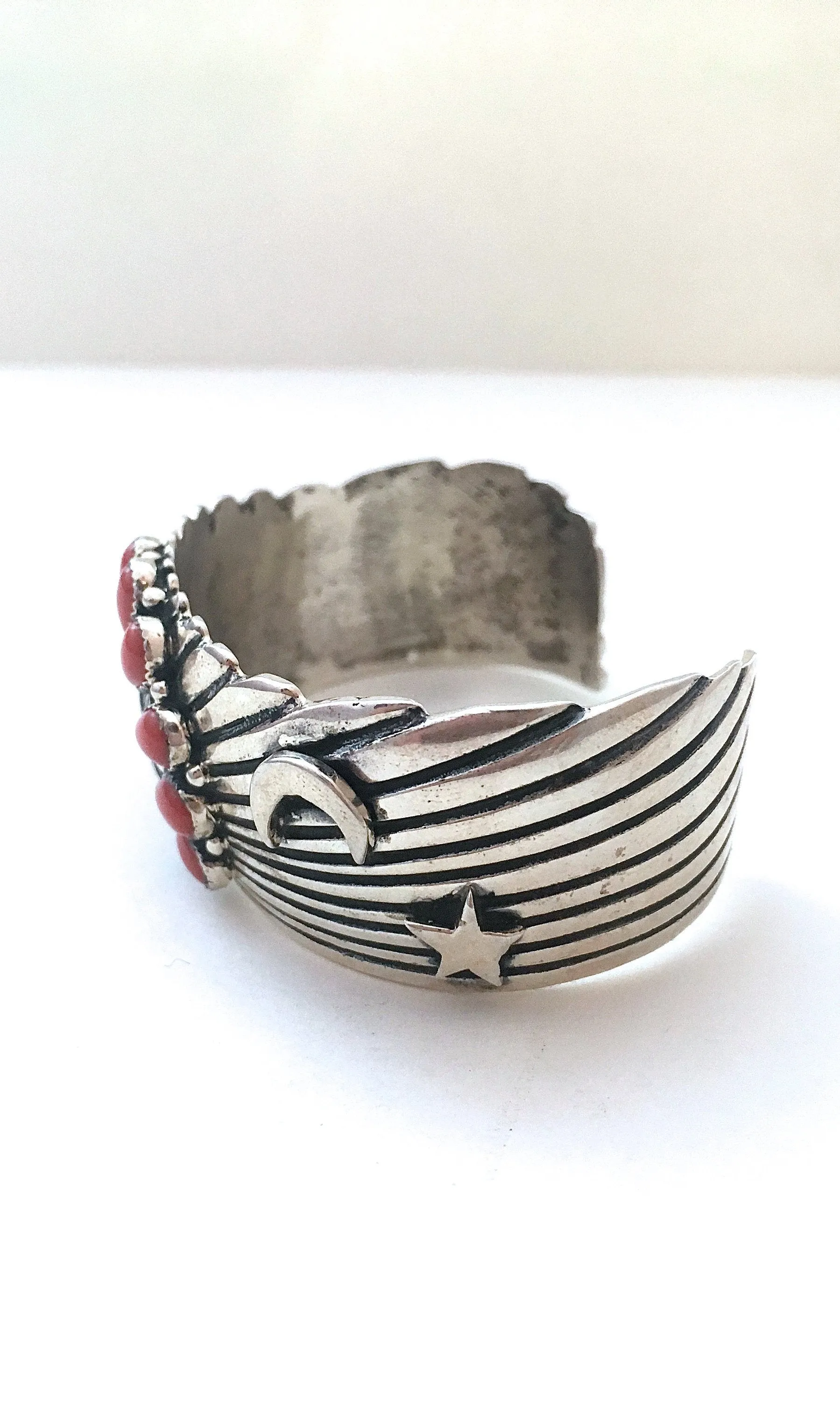 SUN WORSHIP Navajo Tsohanoai Celestial Moon and Stars Coral Cuff