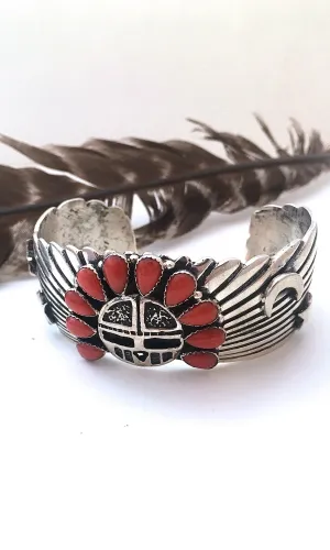 SUN WORSHIP Navajo Tsohanoai Celestial Moon and Stars Coral Cuff