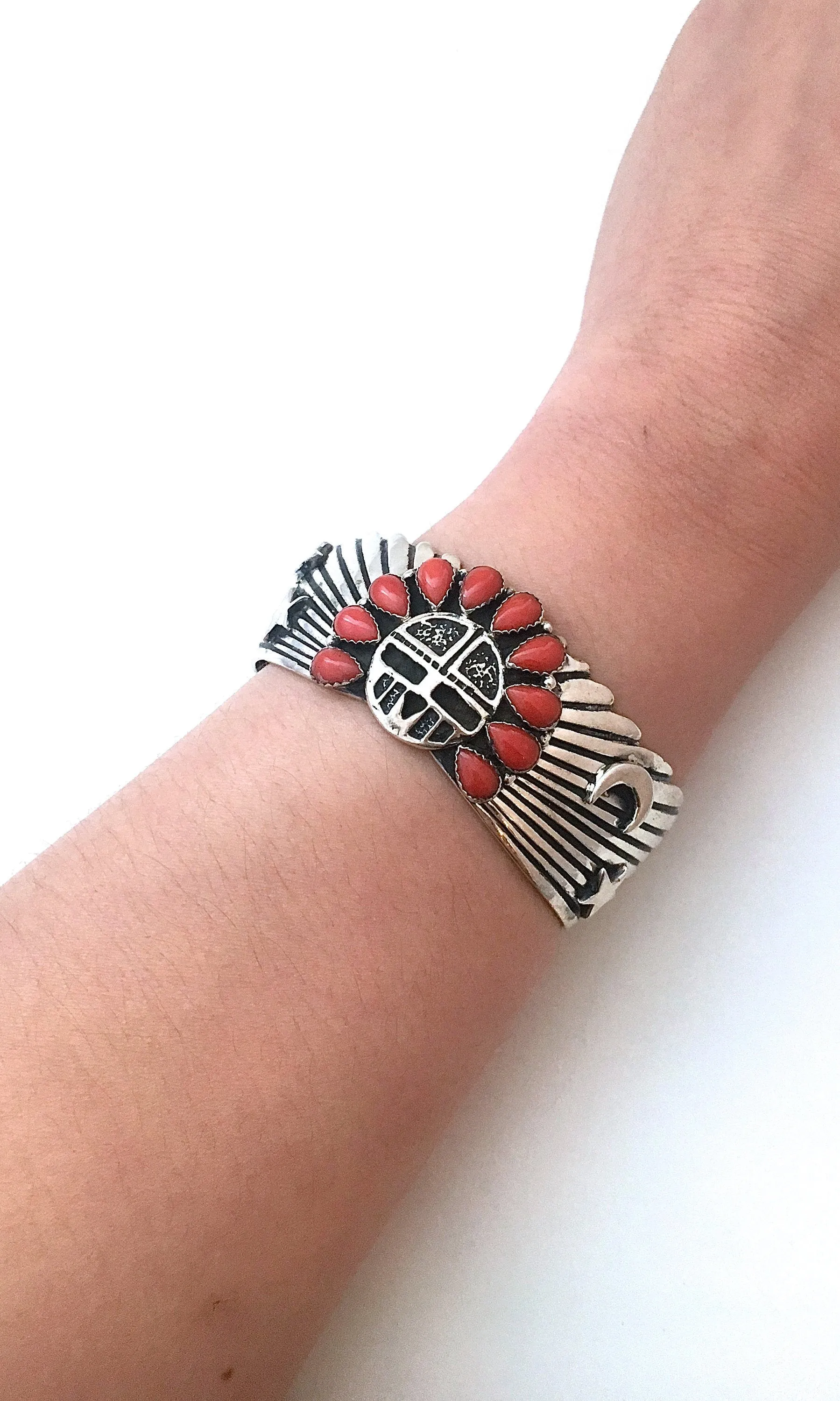 SUN WORSHIP Navajo Tsohanoai Celestial Moon and Stars Coral Cuff