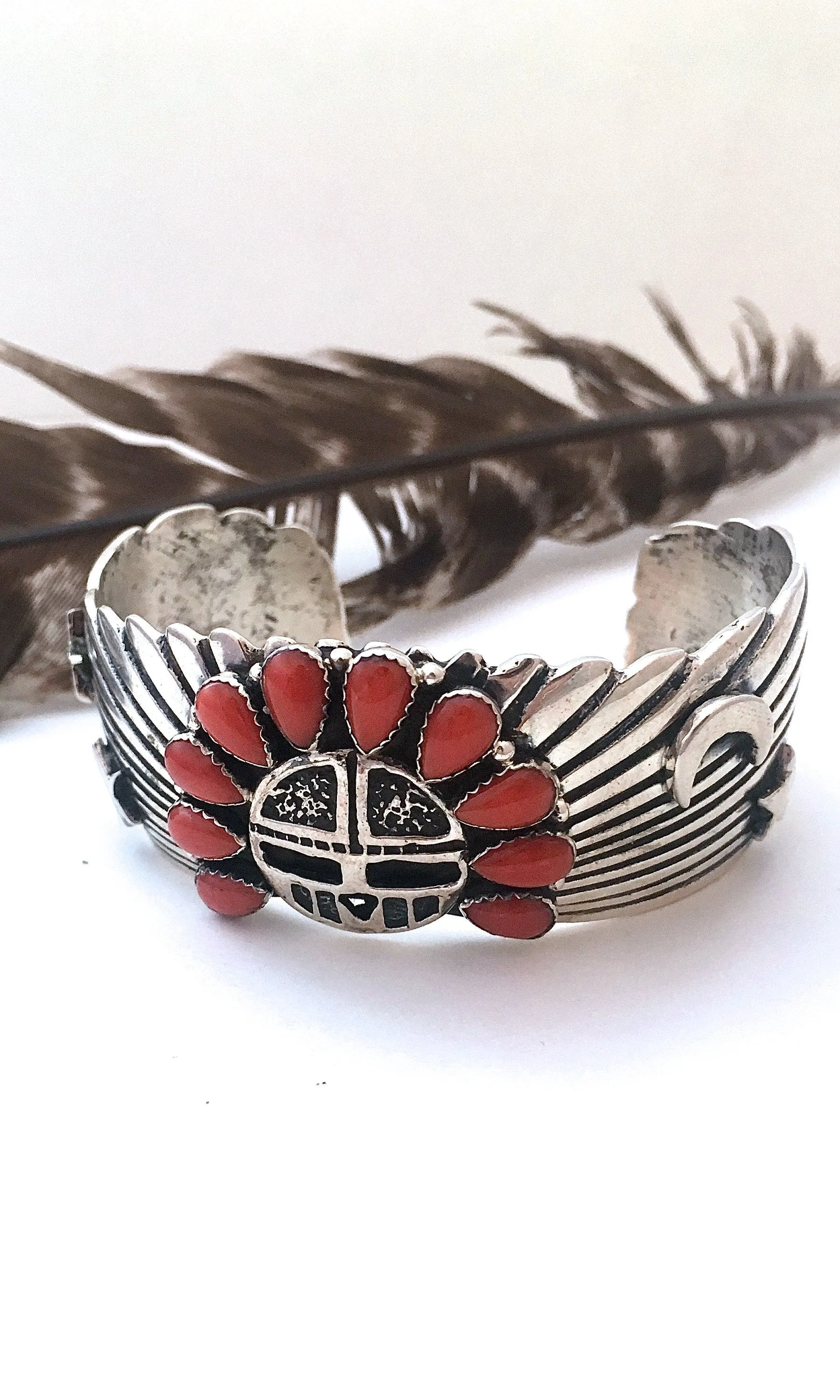 SUN WORSHIP Navajo Tsohanoai Celestial Moon and Stars Coral Cuff