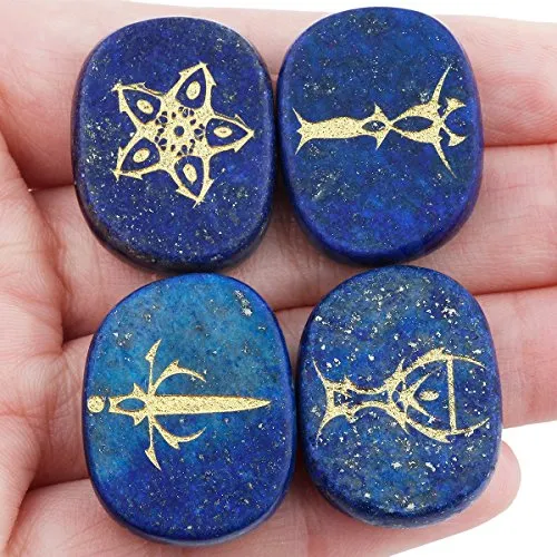 SUNYIK Engraved Tarot Symbol Stone Set of 4, Polished Flat Crystal Palm Stones Kit for Reiki Healing Balance and Meditation Divination, Lapis Lazuli