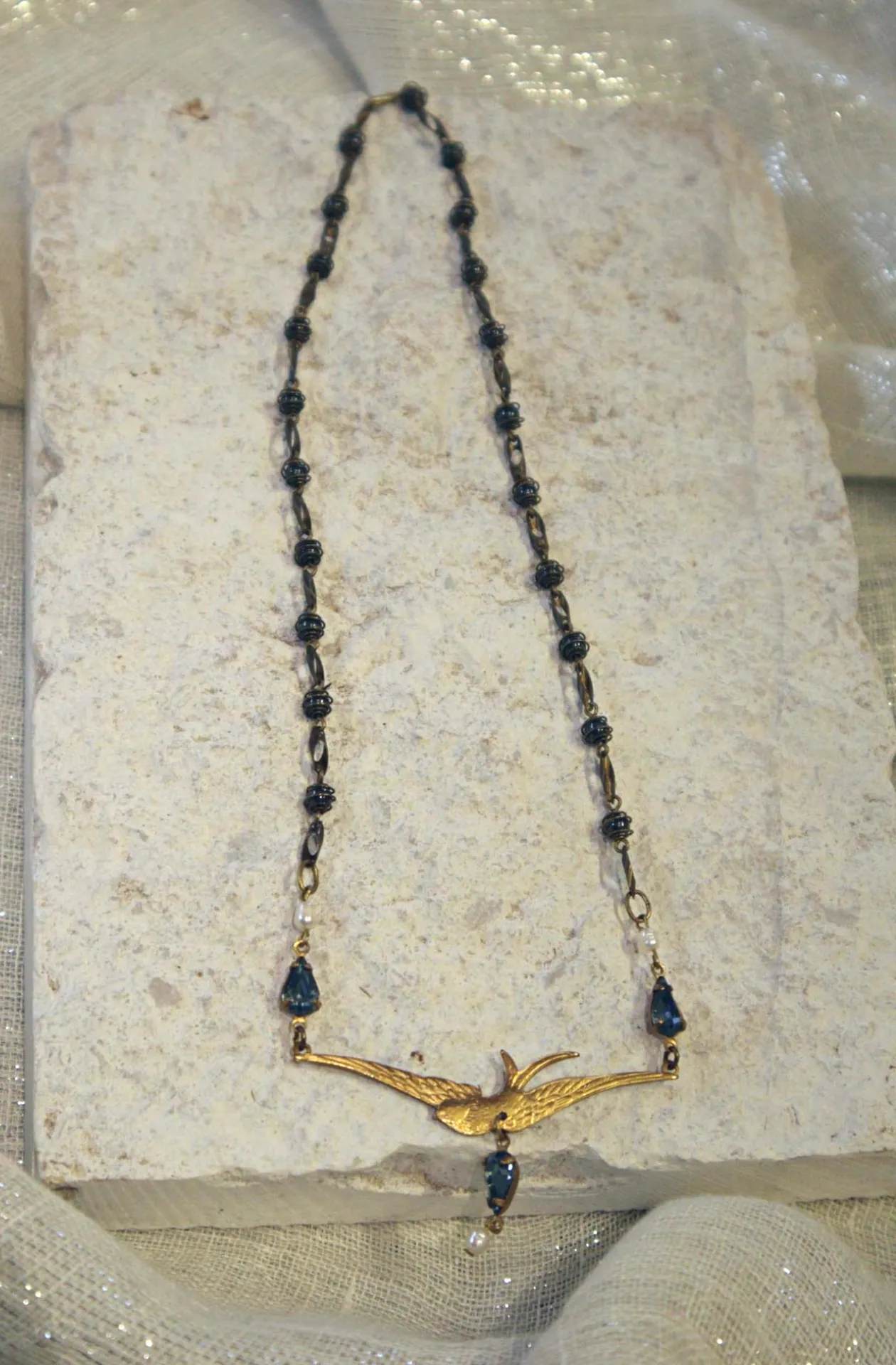 Swallow Vintage Necklet. Indian Sapphire Swarovski crystals.