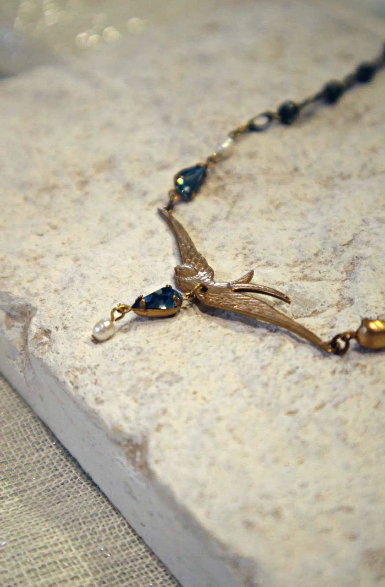 Swallow Vintage Necklet. Indian Sapphire Swarovski crystals.