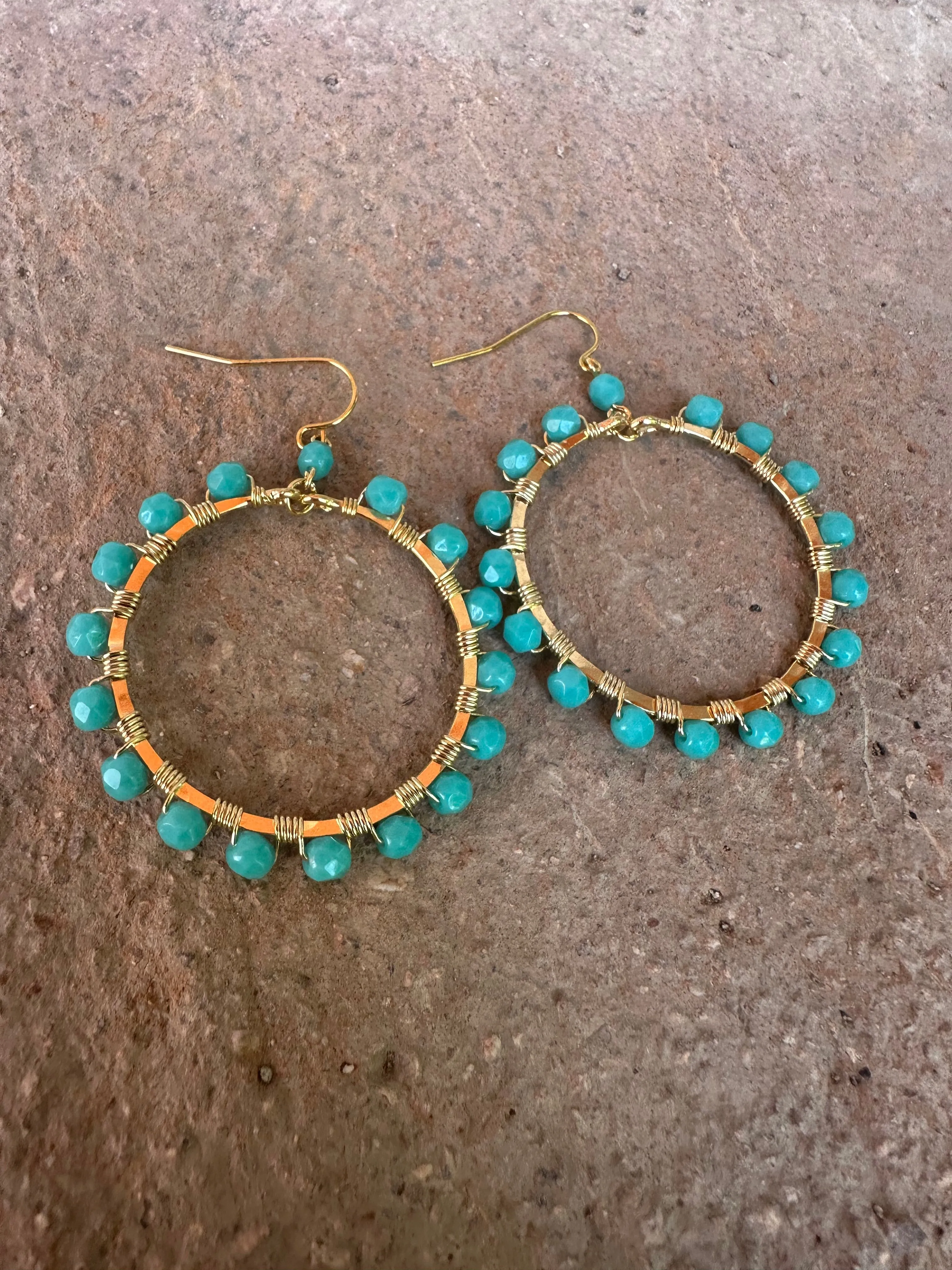 “The Golden Collection” Cool Summer Handmade Turquoise Beaded & 14k Gold Plated Earrings