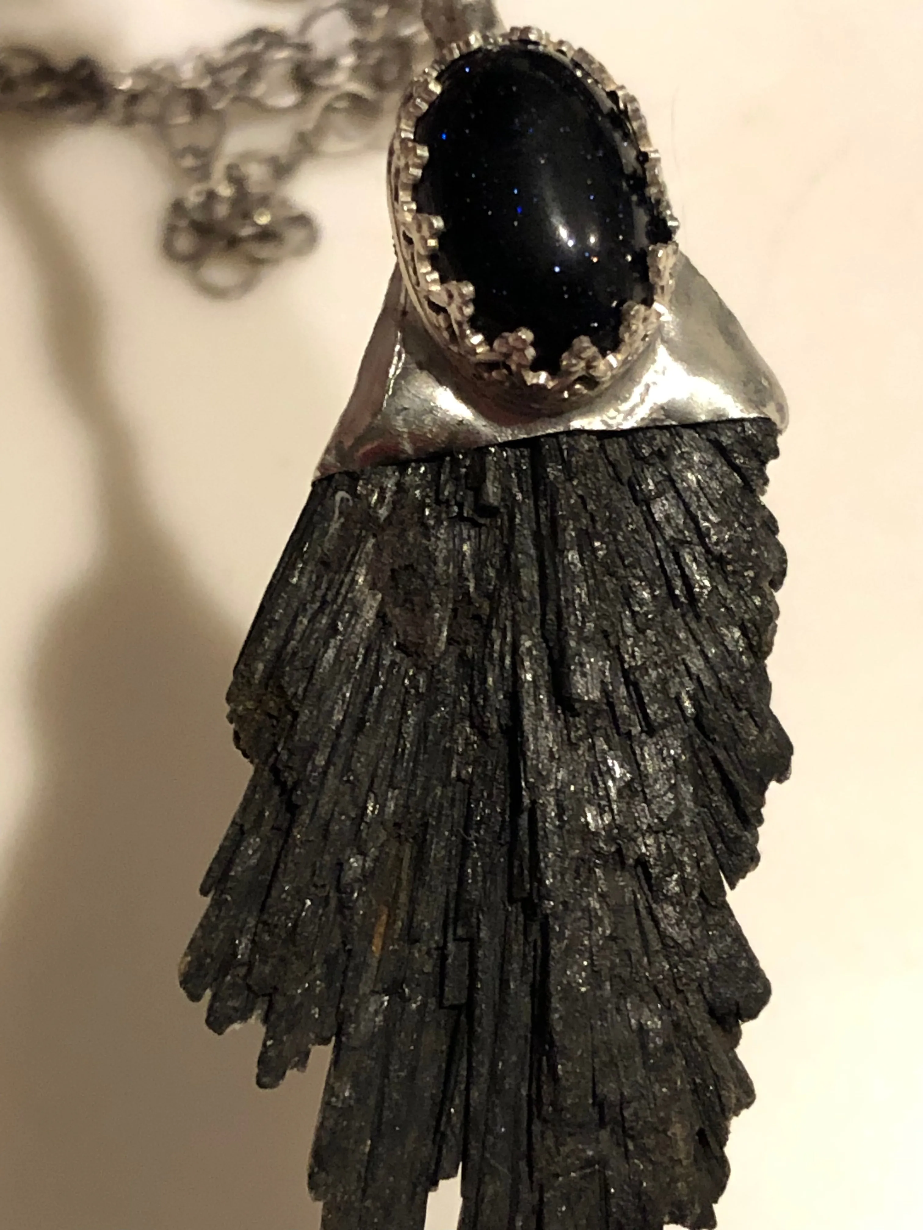 The Night Garden - Blue Goldstone & Black Kyanite Witch’s Broom Necklace