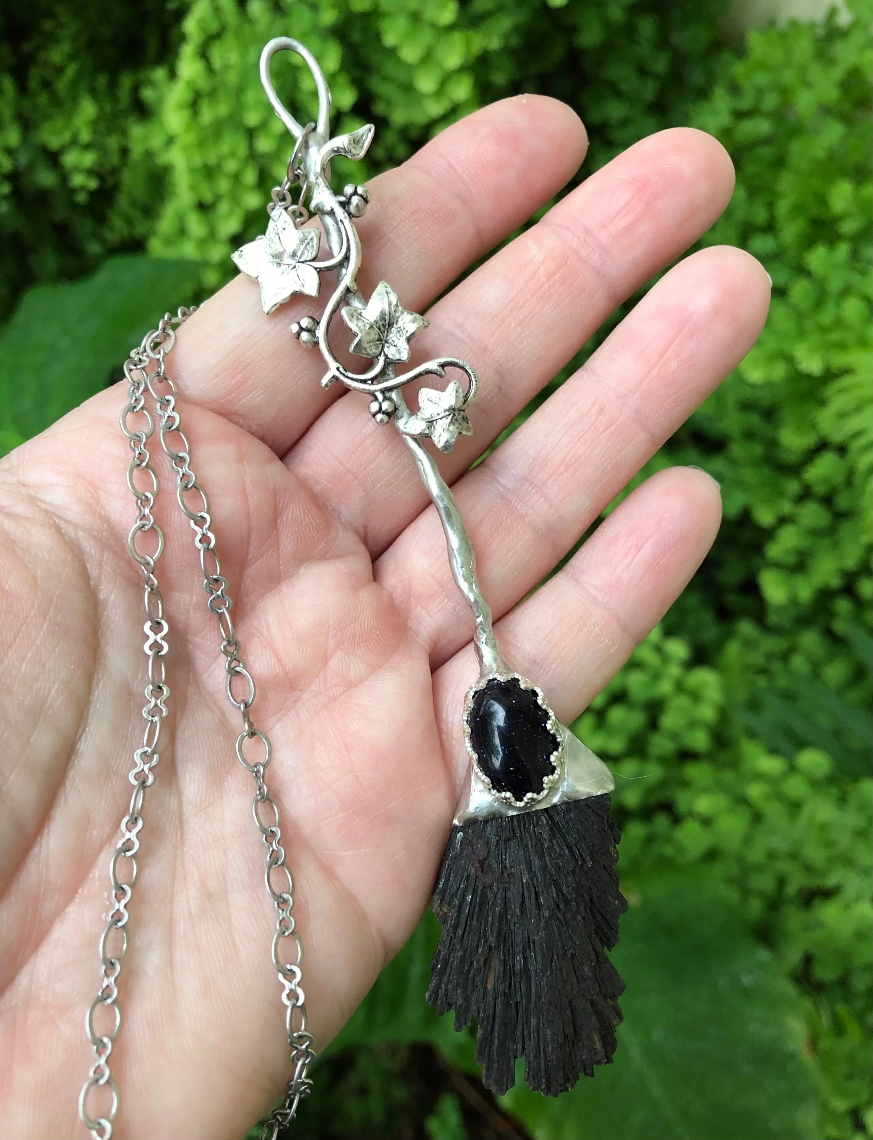 The Night Garden - Blue Goldstone & Black Kyanite Witch’s Broom Necklace