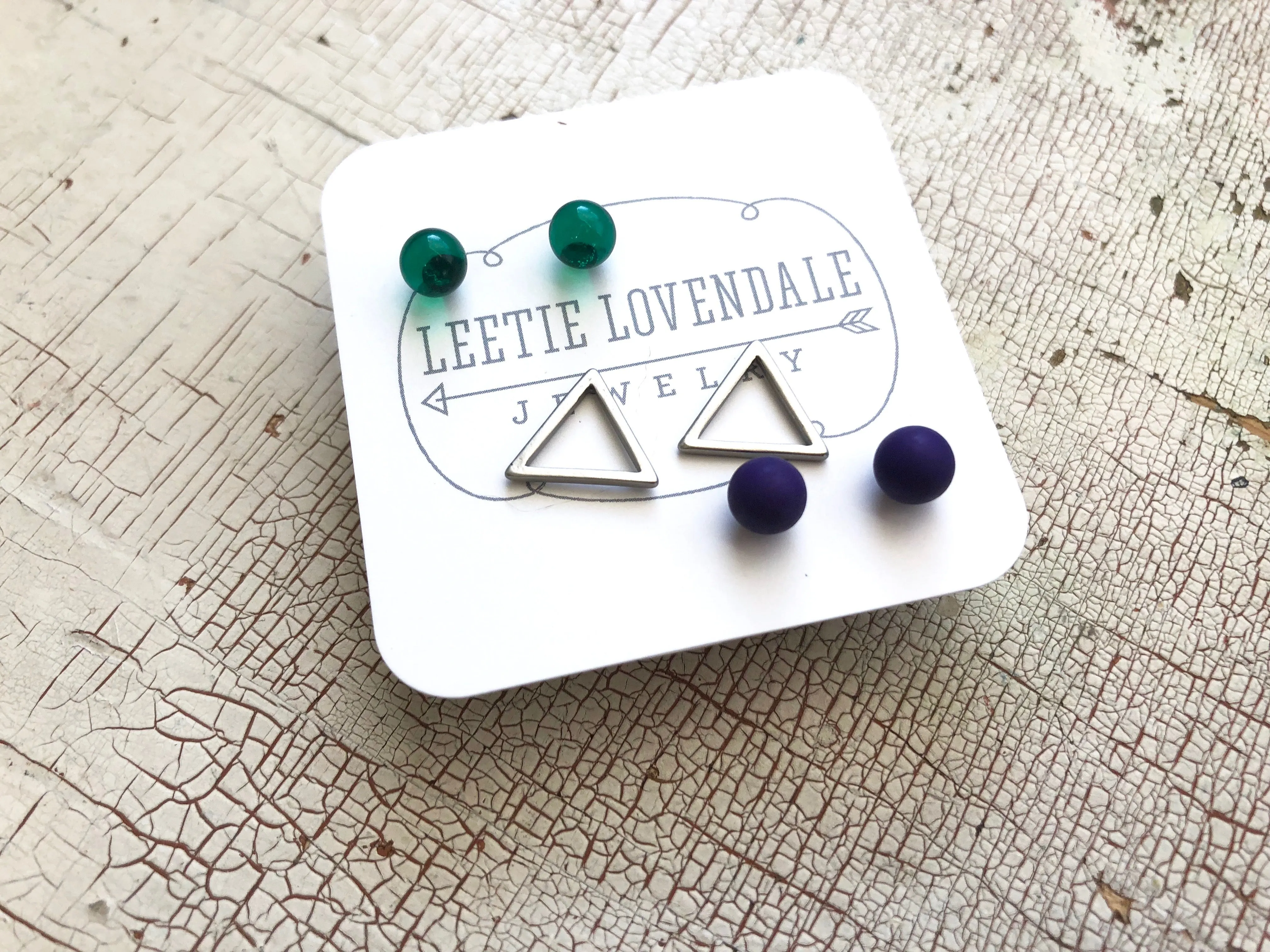 Tiny Emerald Blue & Frosted Silver Triangle Geo Stud Earrings Set