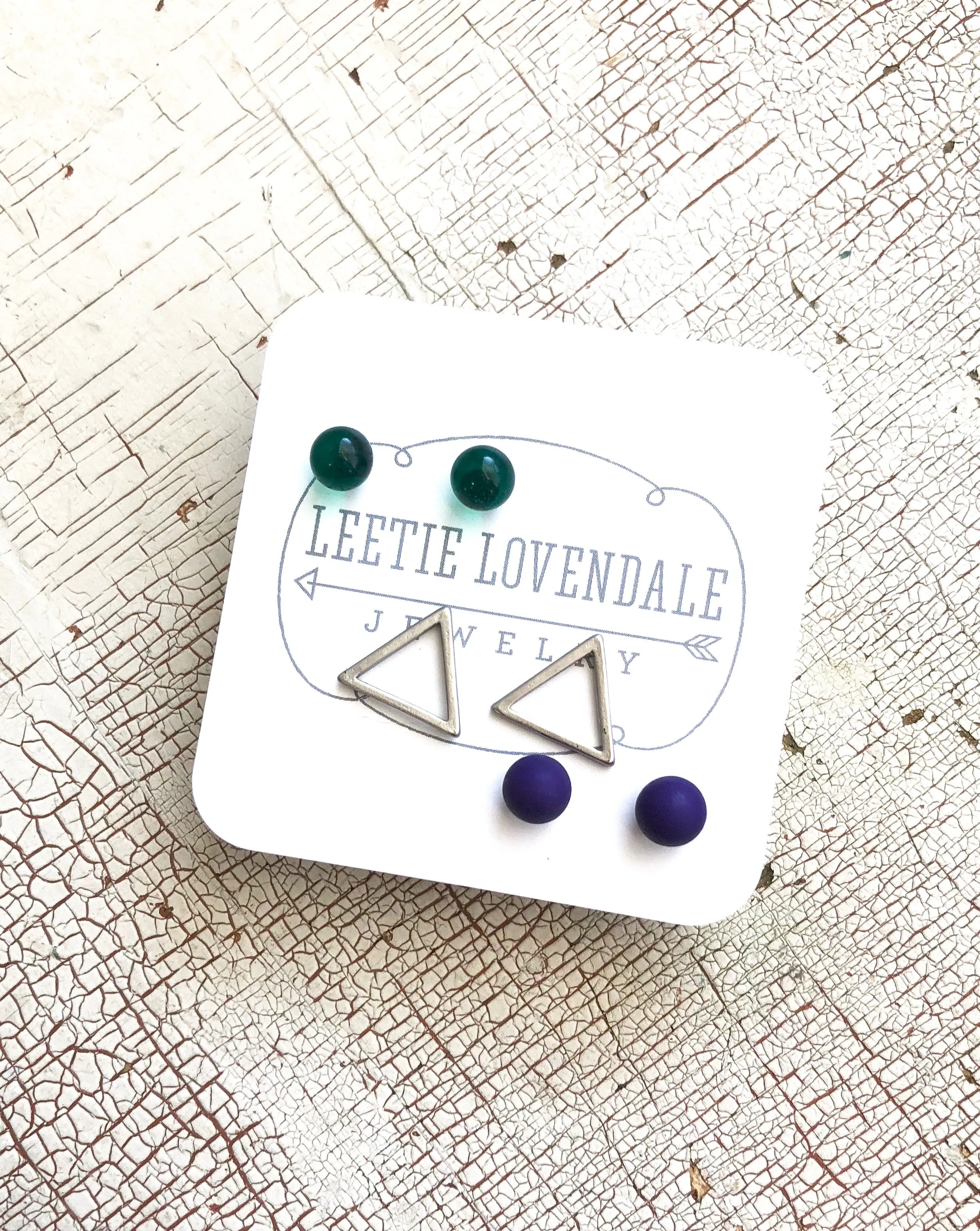 Tiny Emerald Blue & Frosted Silver Triangle Geo Stud Earrings Set