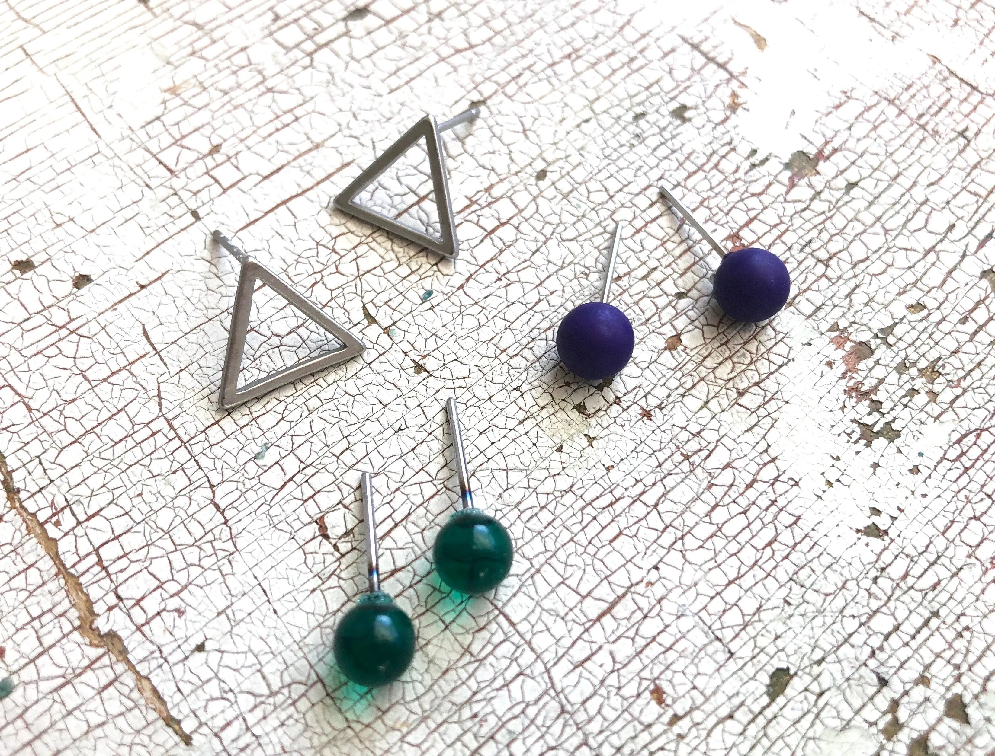 Tiny Emerald Blue & Frosted Silver Triangle Geo Stud Earrings Set