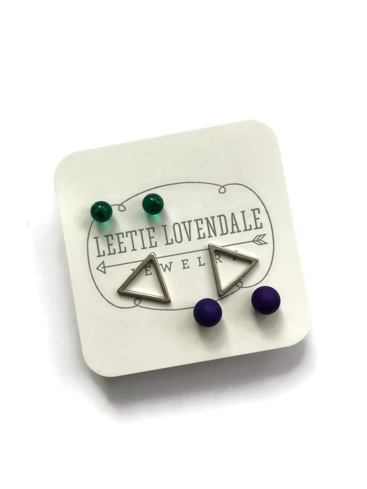 Tiny Emerald Blue & Frosted Silver Triangle Geo Stud Earrings Set