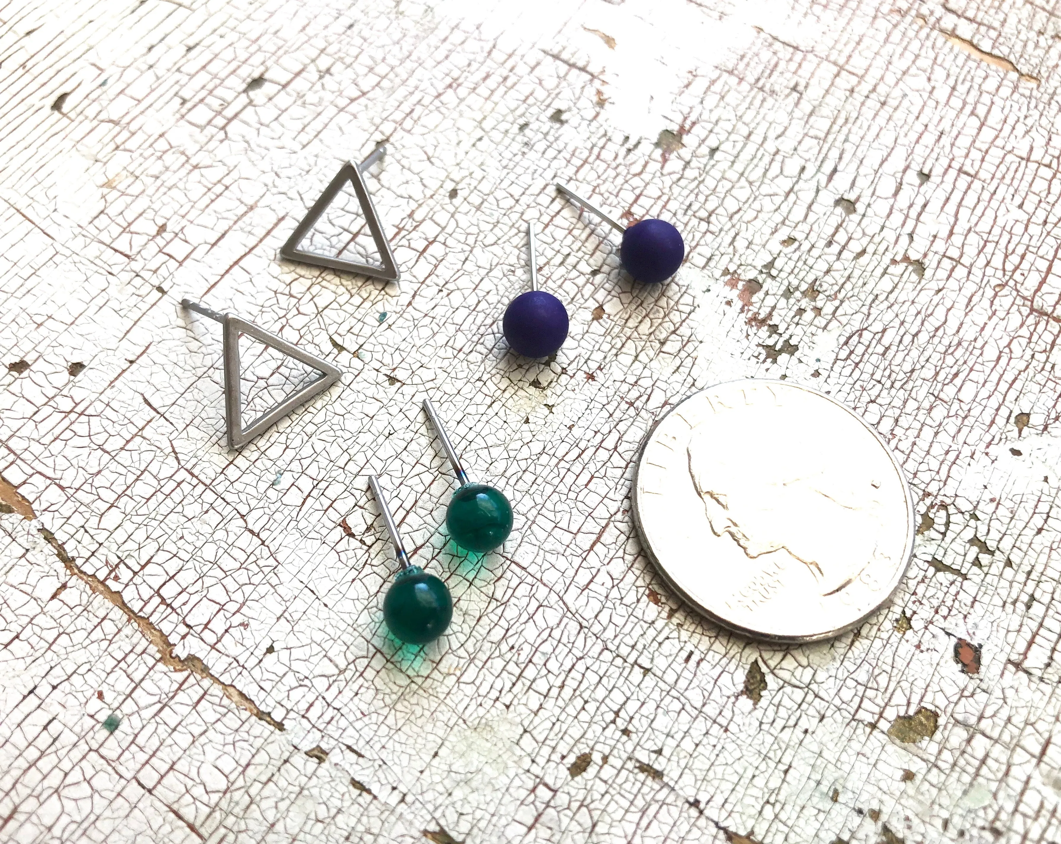 Tiny Emerald Blue & Frosted Silver Triangle Geo Stud Earrings Set