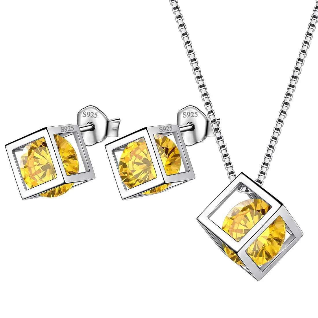 Tokyo Mart 3D Cube Birthstone November Citrine Jewelry Set 3PCS Women Girls Birthday Gift