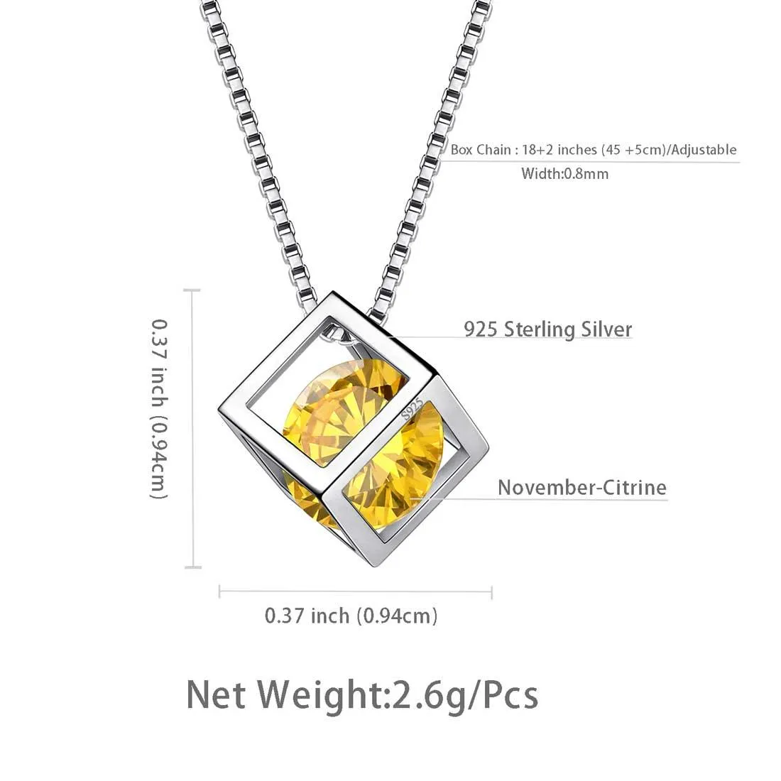 Tokyo Mart 3D Cube Birthstone November Citrine Necklace Pendant Women Girls Jewelry Birthday Gift Sterling Silver