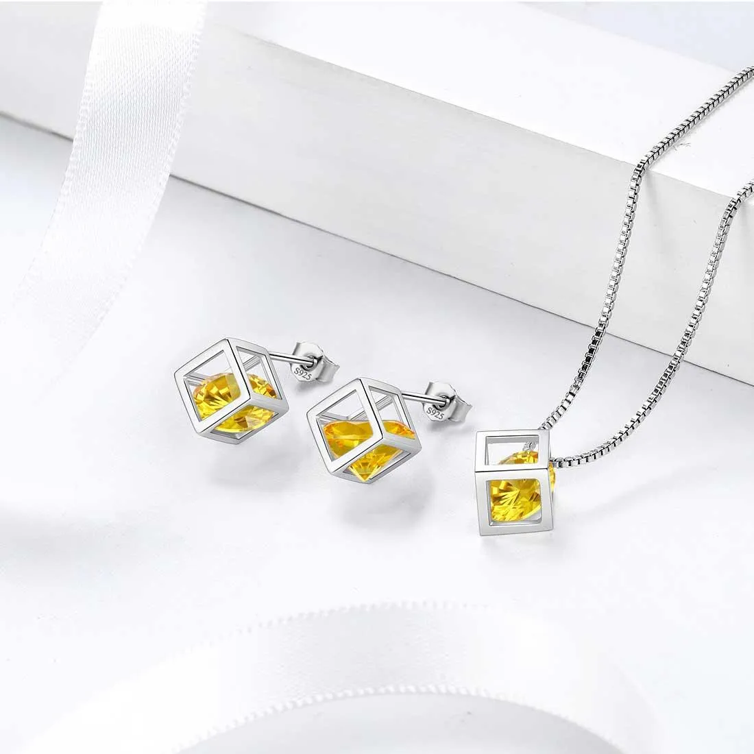 Tokyo Mart 3D Cube Birthstone November Citrine Necklace Pendant Women Girls Jewelry Birthday Gift Sterling Silver