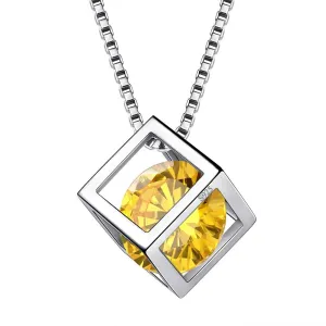 Tokyo Mart 3D Cube Birthstone November Citrine Necklace Pendant Women Girls Jewelry Birthday Gift Sterling Silver