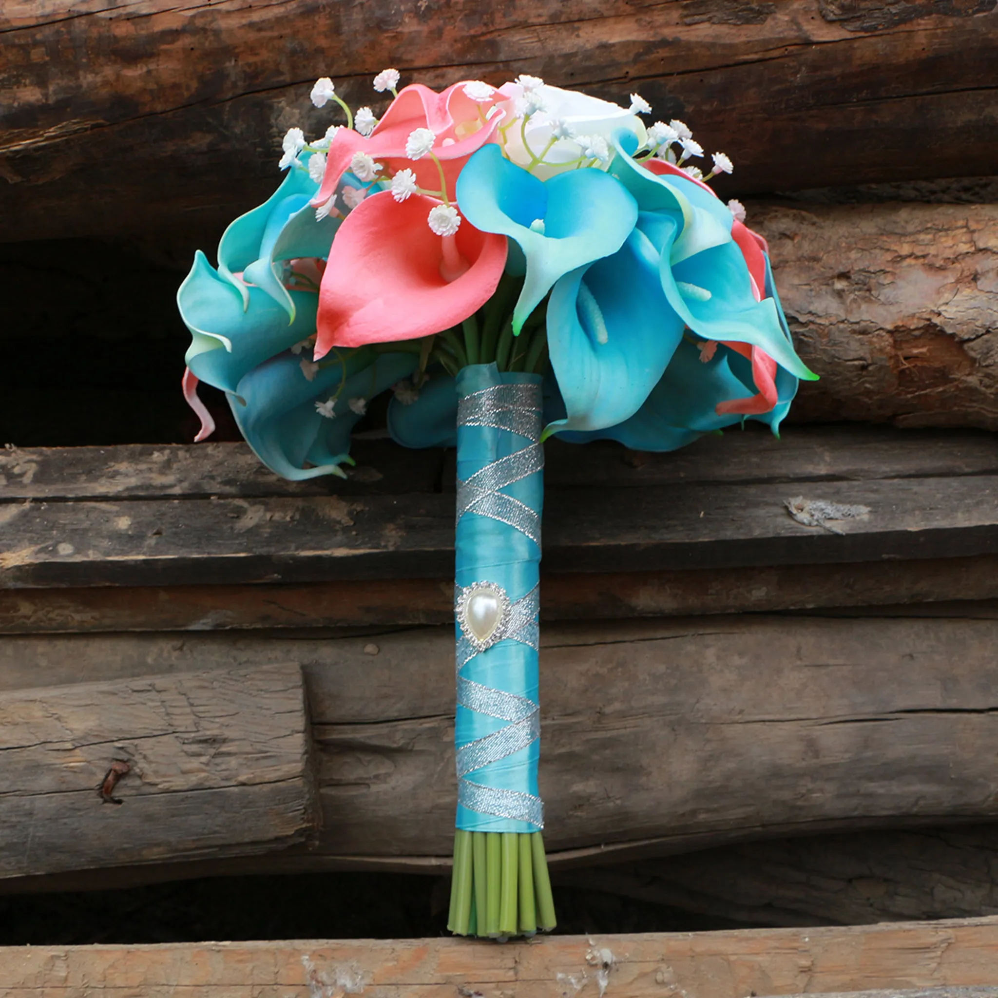 Turquoise and Coral Calla Lily Bouquet for Bridal Wedding Flowers