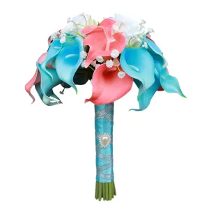 Turquoise and Coral Calla Lily Bouquet for Bridal Wedding Flowers