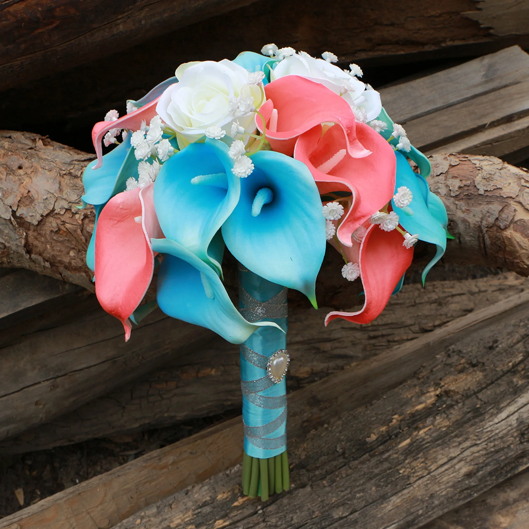 Turquoise and Coral Calla Lily Bouquet for Bridal Wedding Flowers