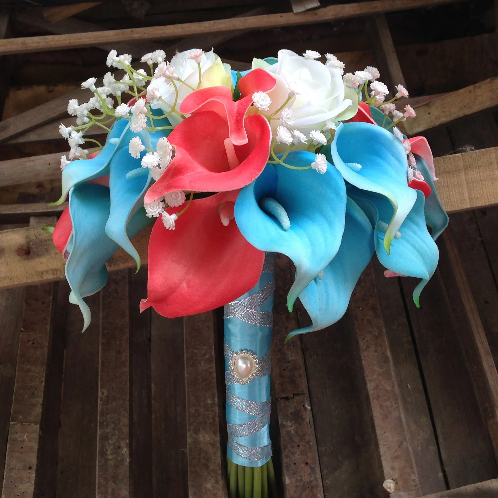 Turquoise and Coral Calla Lily Bouquet for Bridal Wedding Flowers