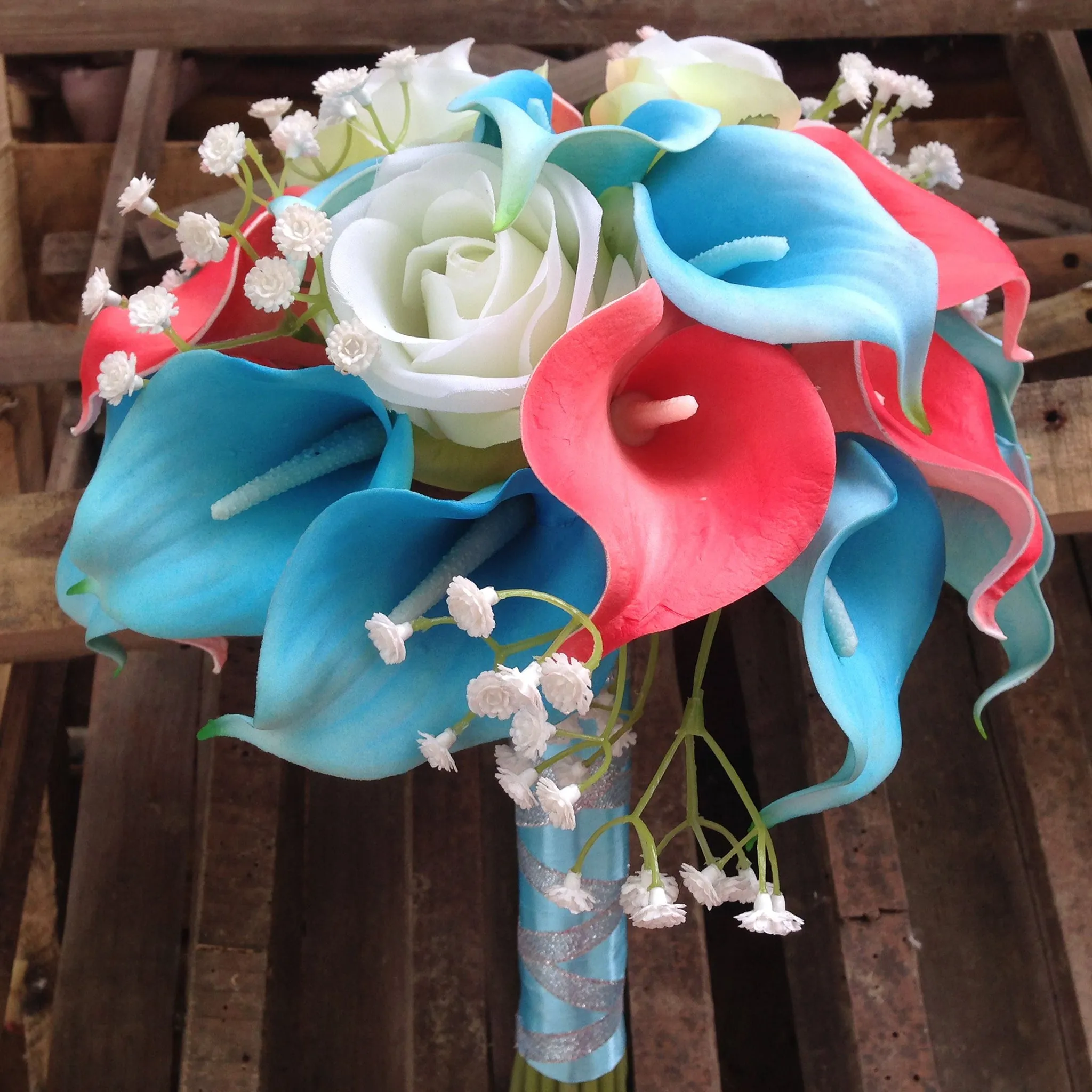 Turquoise and Coral Calla Lily Bouquet for Bridal Wedding Flowers