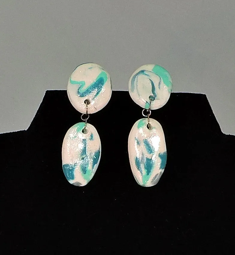 Turquoise and Sparkle White Marbled Clay Dangle Earrings