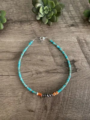 Vibrant choker - Sterling Silver Pearls and spiny on turquoise veracite