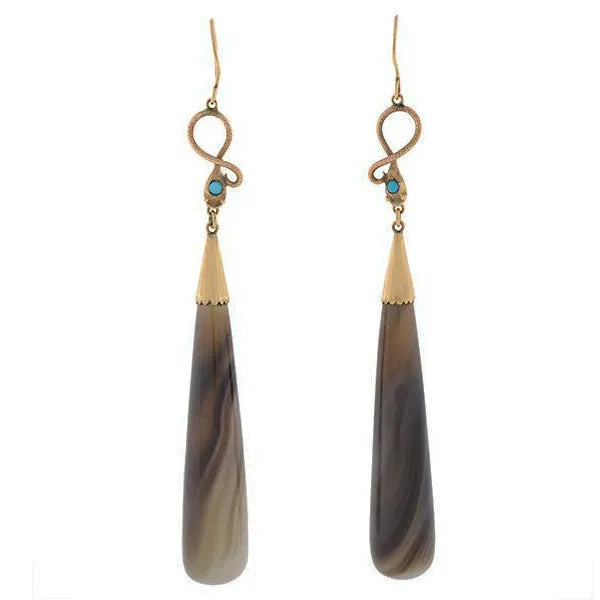 Victorian Dramatic Elongated Agate Teardrop Turquoise Snake Earrings