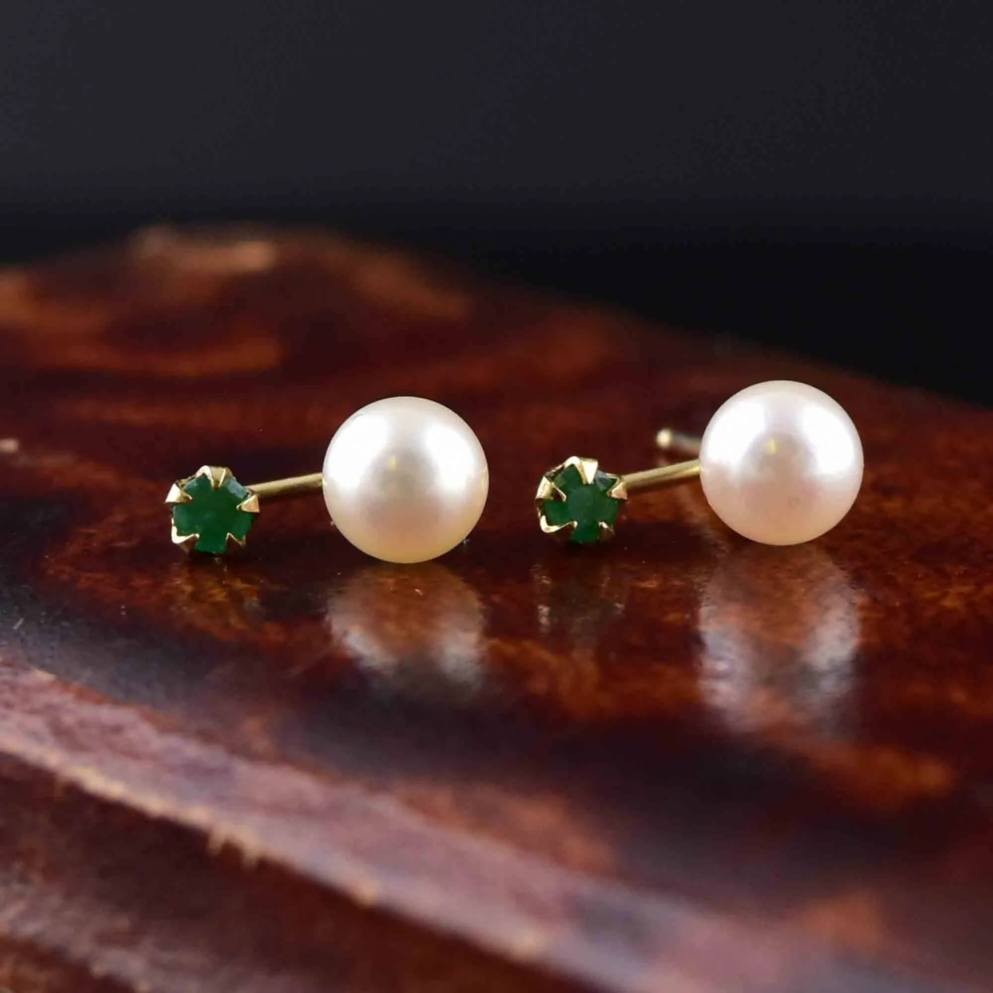 Vintage 14K Gold Emerald Pearl Stud Drop Earrings