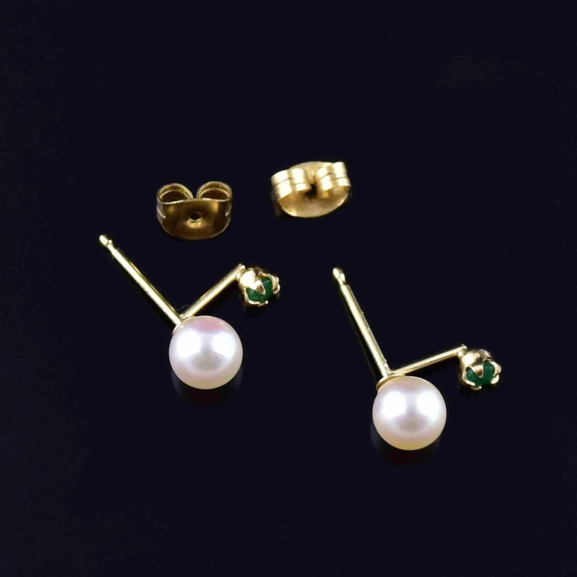 Vintage 14K Gold Emerald Pearl Stud Drop Earrings