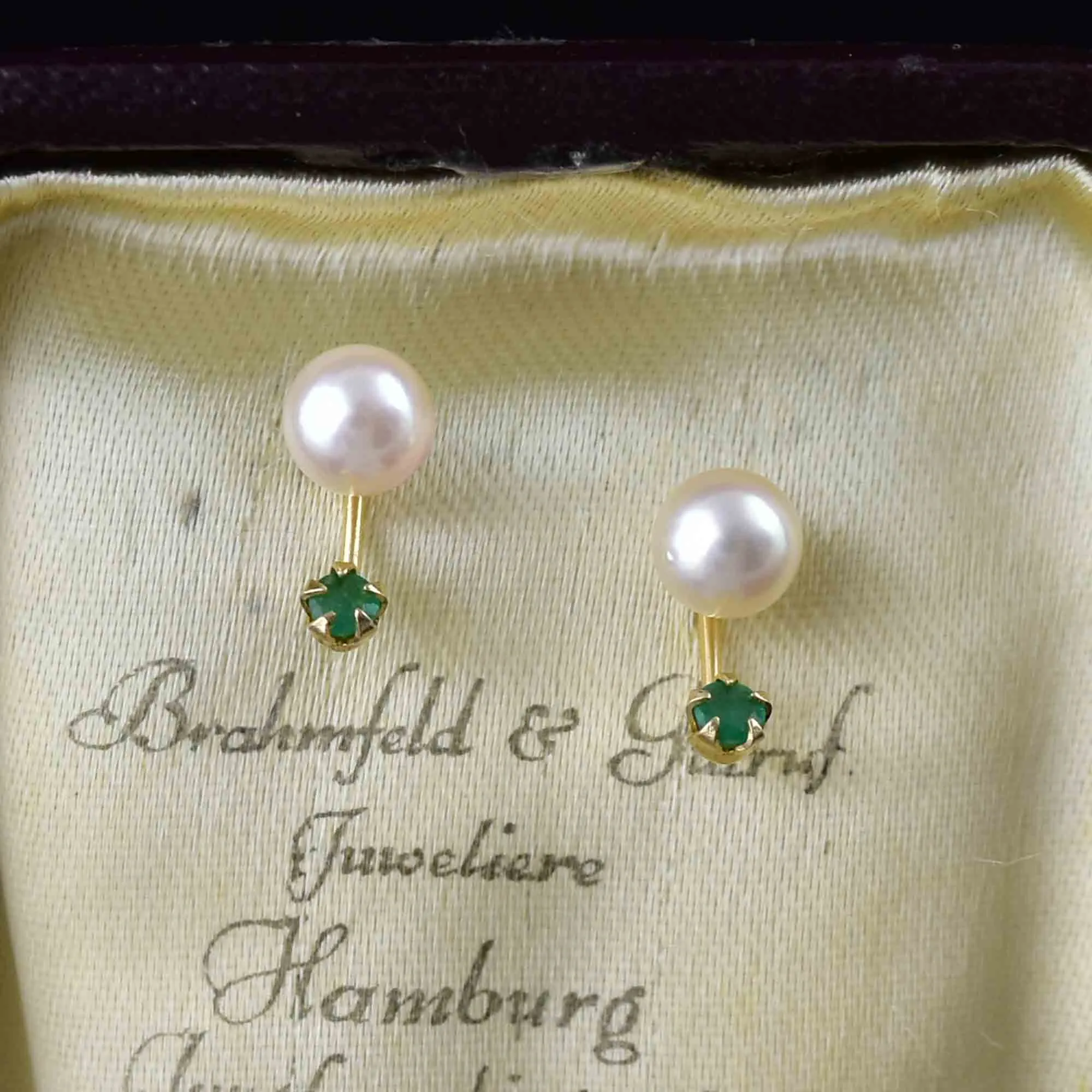 Vintage 14K Gold Emerald Pearl Stud Drop Earrings