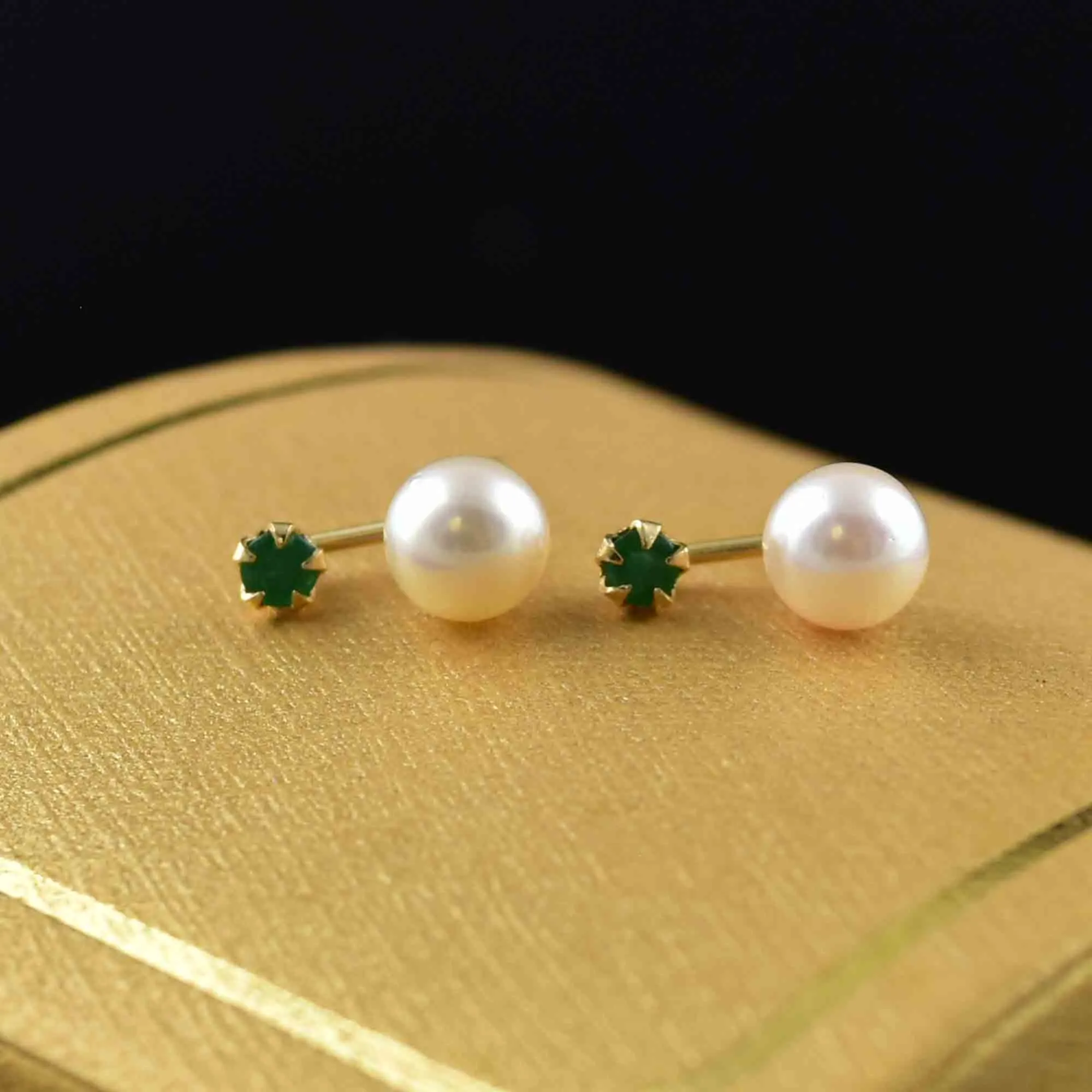 Vintage 14K Gold Emerald Pearl Stud Drop Earrings