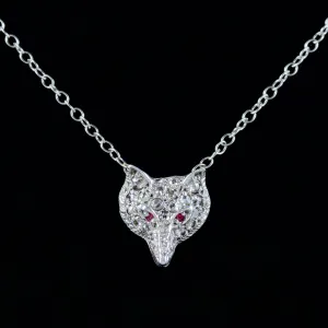 Vintage Diamond Ruby Fox Pendant Necklace 9Ct White Gold