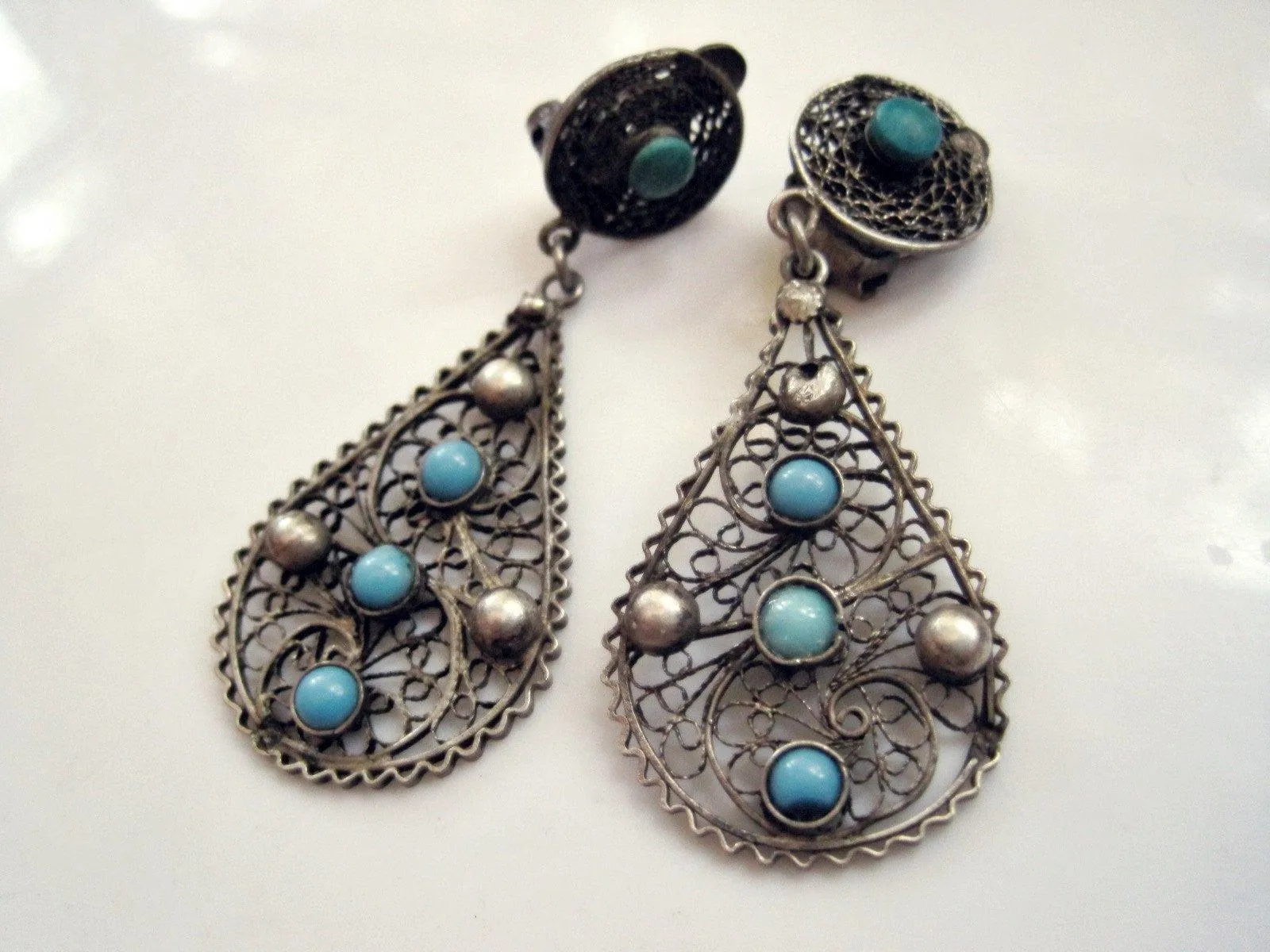 Vintage Egyptian Silver Filigree Ethnic Clip On Earrings