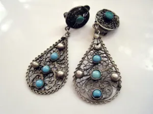 Vintage Egyptian Silver Filigree Ethnic Clip On Earrings