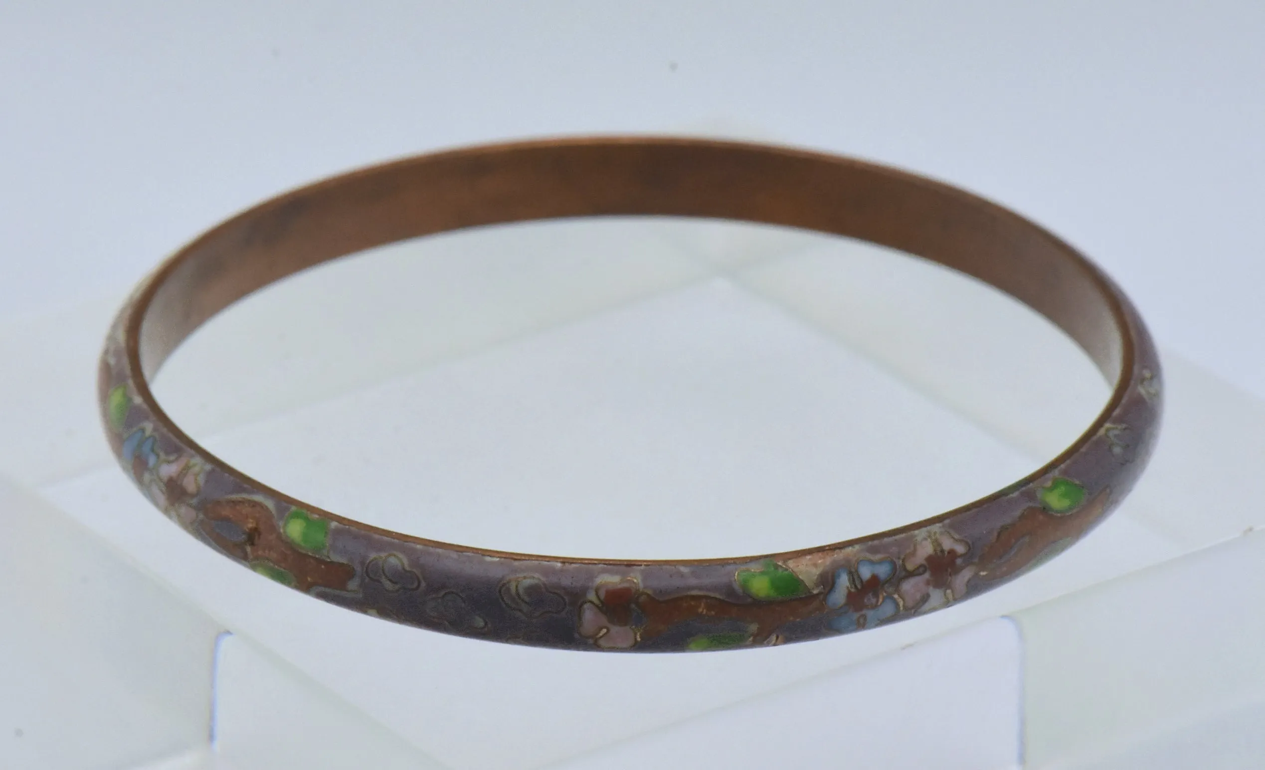 Vintage Grayish Purple Enamel Cloisonne Copper Bangle Bracelet - AS IS