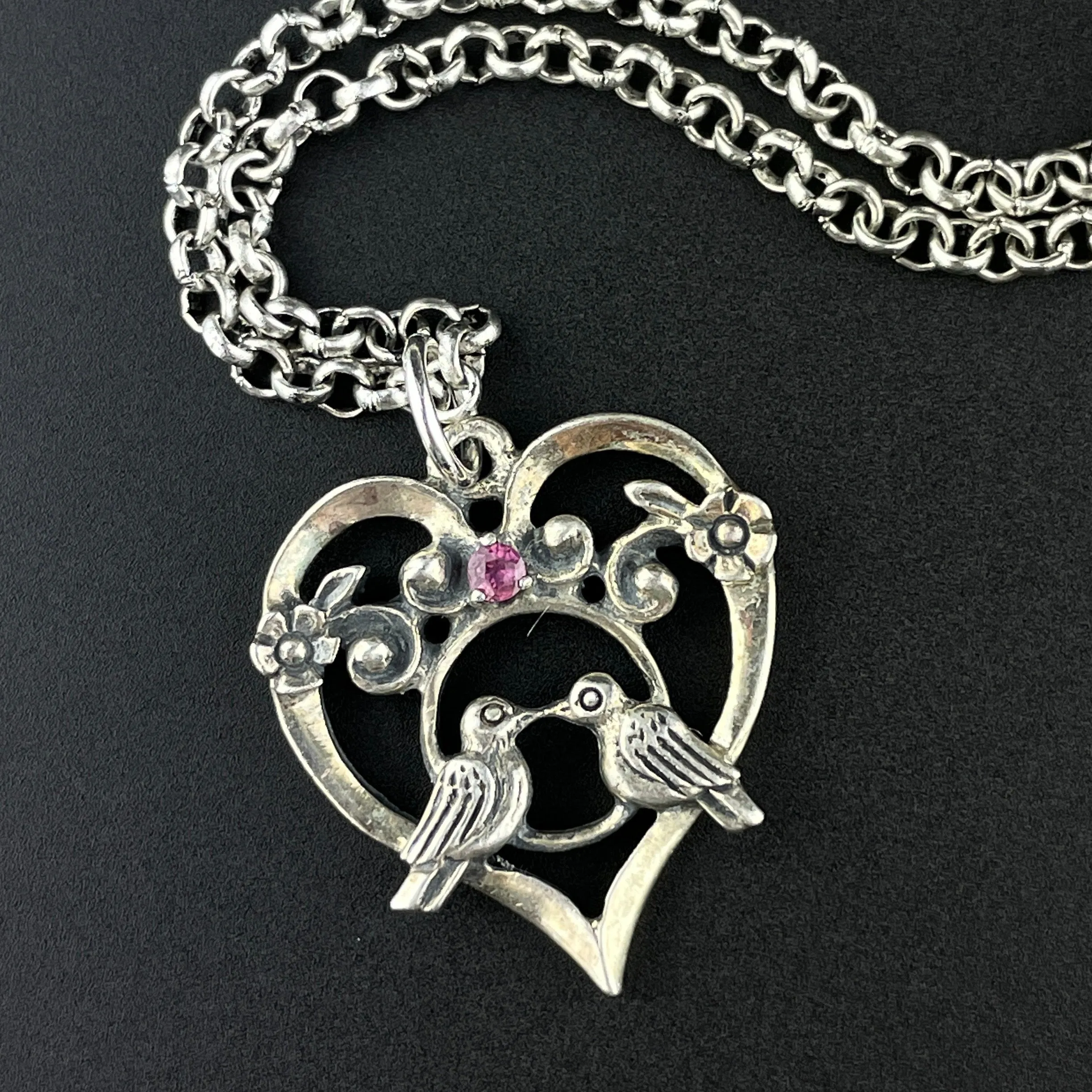 Vintage Sterling Silver Ruby Bird Heart Pendant Necklace