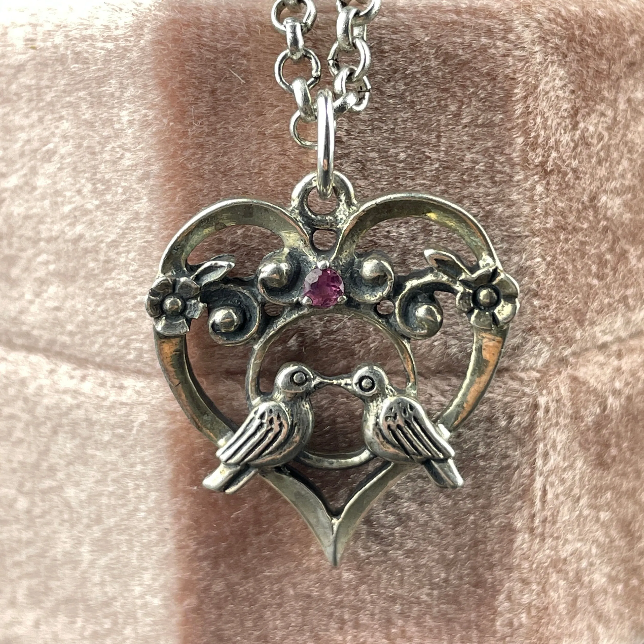 Vintage Sterling Silver Ruby Bird Heart Pendant Necklace