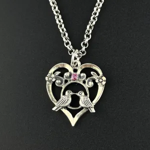 Vintage Sterling Silver Ruby Bird Heart Pendant Necklace