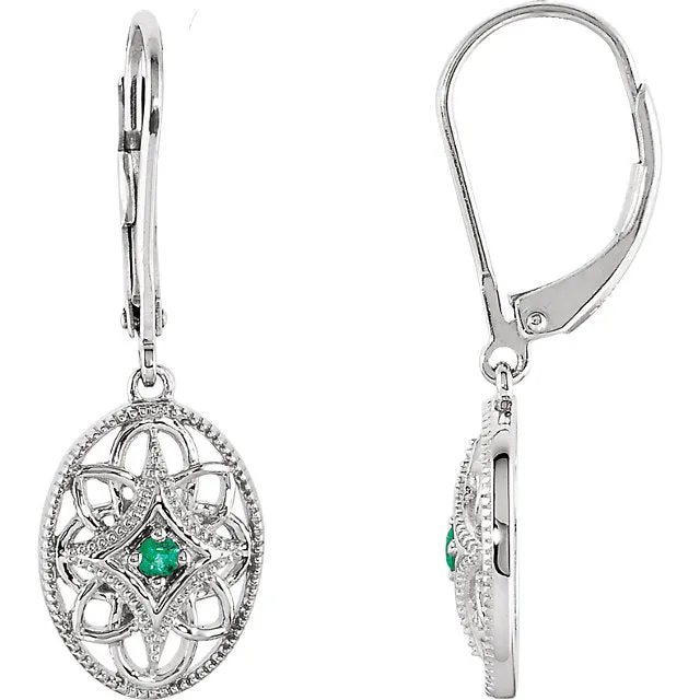 Vintage Style Sterling Silver Lever Back Emerald Earrings