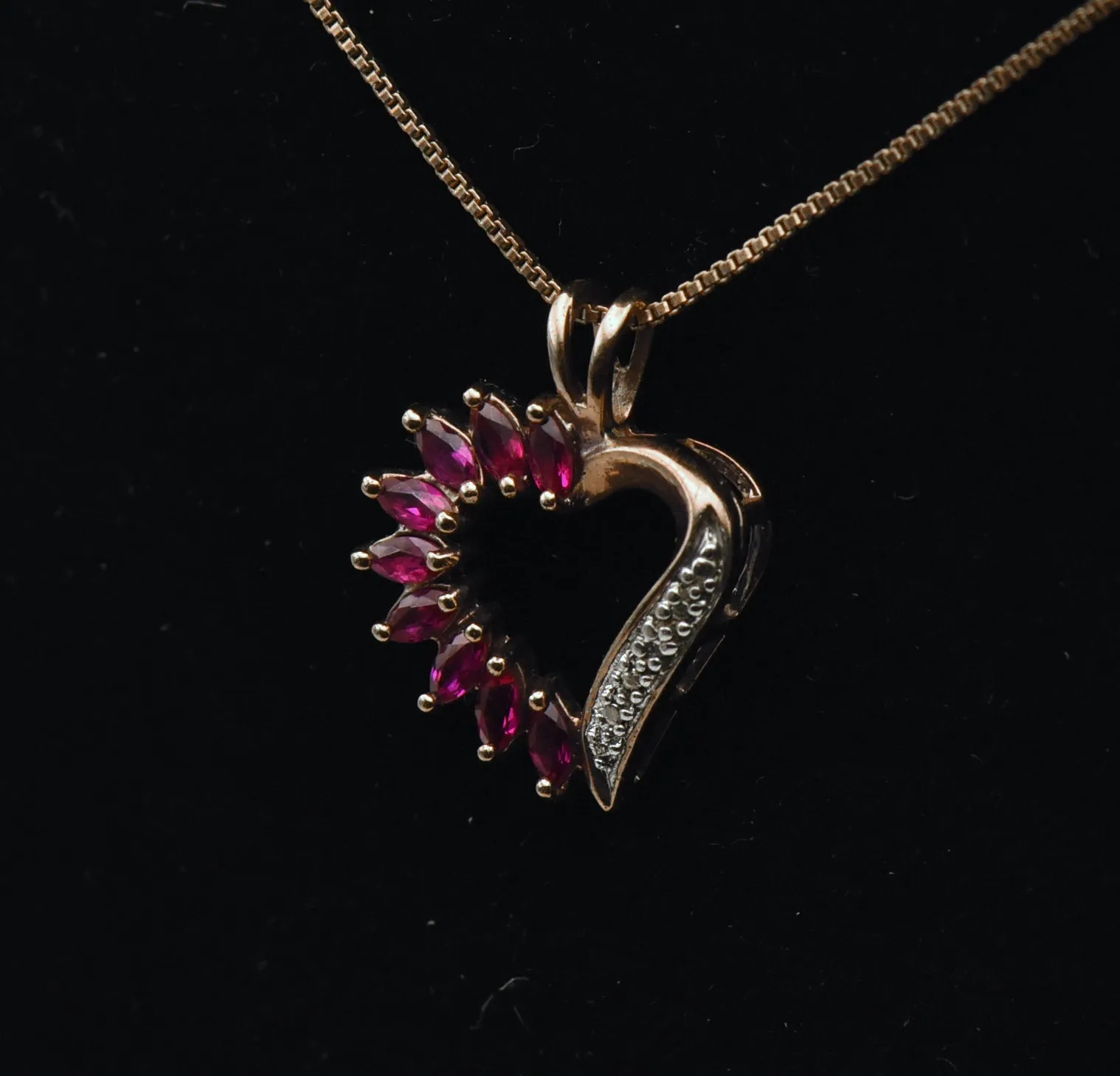 Vintage Synthetic Rubies and Diamond Gold Tone Sterling Silver Heart Pendant Chain Necklace - 18"