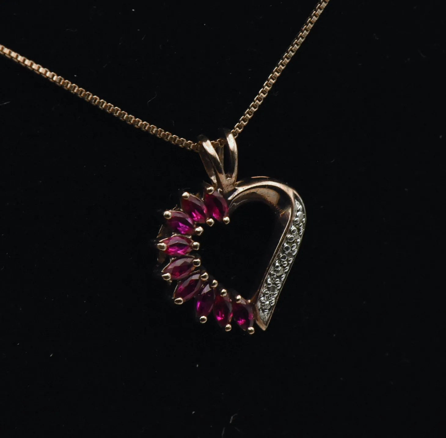 Vintage Synthetic Rubies and Diamond Gold Tone Sterling Silver Heart Pendant Chain Necklace - 18"