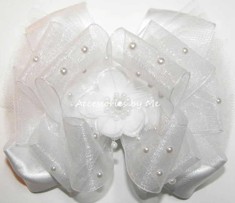 White Organza Tutu Floral Pearl Hair Bow