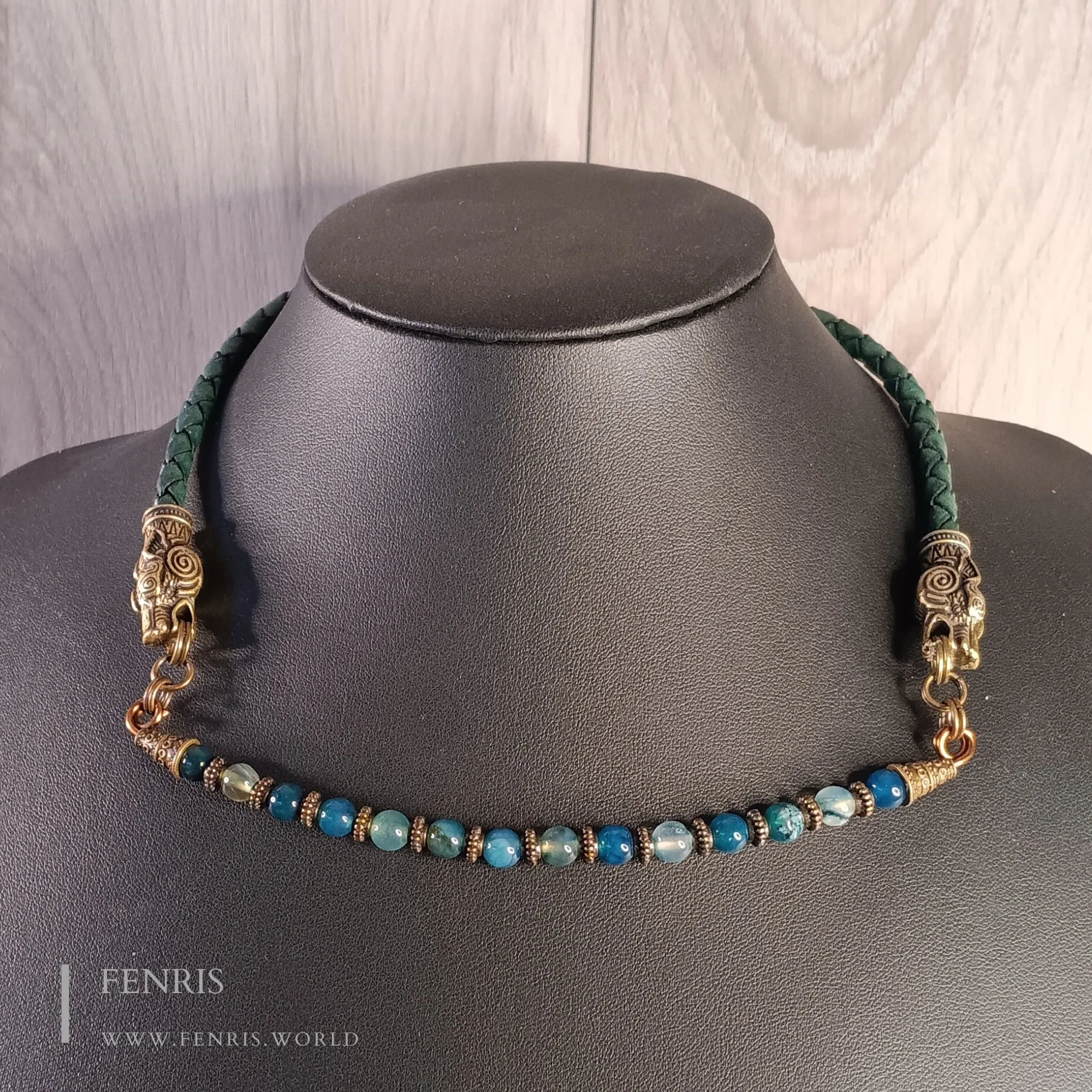 Wolf Necklace Choker Bronze Teal Leather Agate Beads